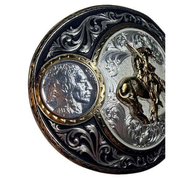 Montana Silversmiths Silver Plated Belt Buckle End of Trail Indian 1937 Buffalo - Picture 2 of 4